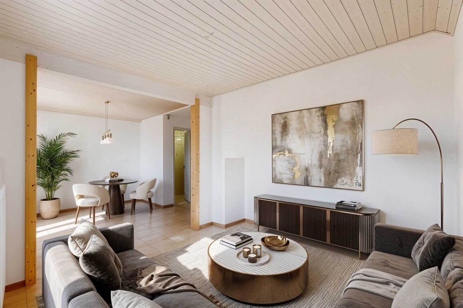 salon / salle à manger avec drywall, cloison sèche, inside property, virtually staged, et wood ceiling