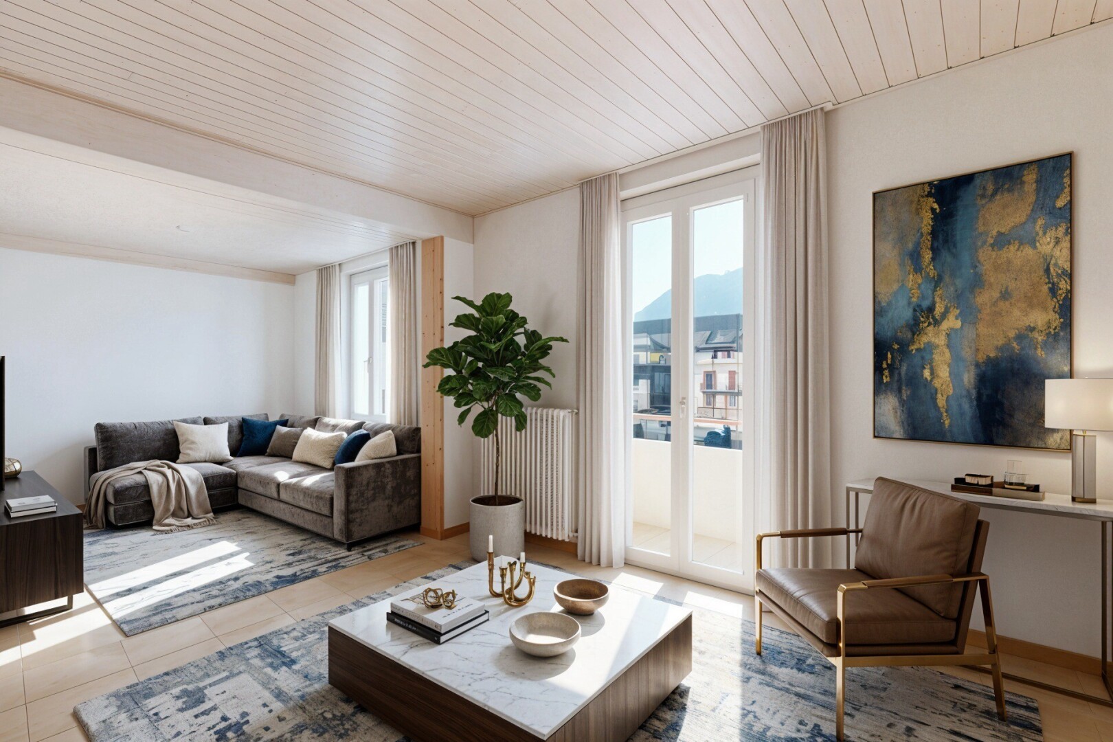 salon avec inside property, drywall, cloison sèche, wood ceiling, et plafond en bois