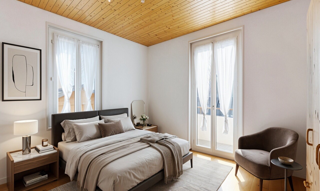 chambre avec plafond en bois, wood ceiling, inside property, cloison sèche, et drywall