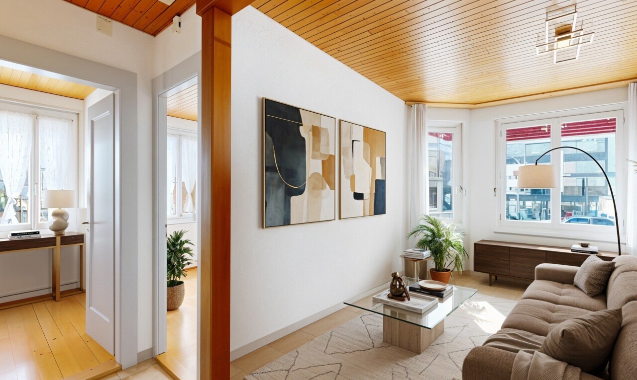 salon avec wood ceiling, plafond en bois, inside property, natural light, et lumière naturelle