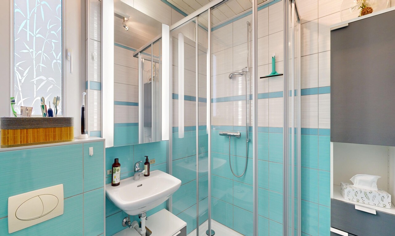 salle de bains avec salle de bain complète, miroir, douche, inside property, et évier