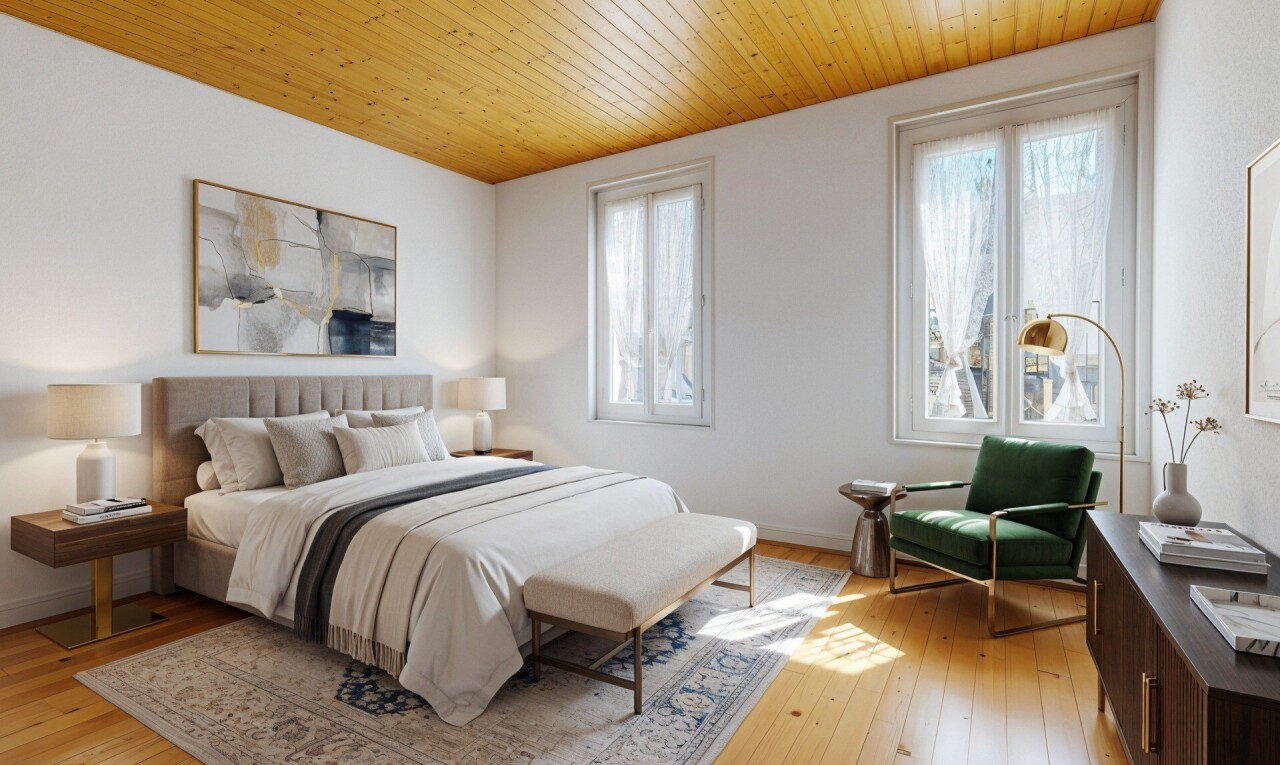 chambre avec hardwood floor, inside property, sol en finition bois, wood finish floor, et light floor
