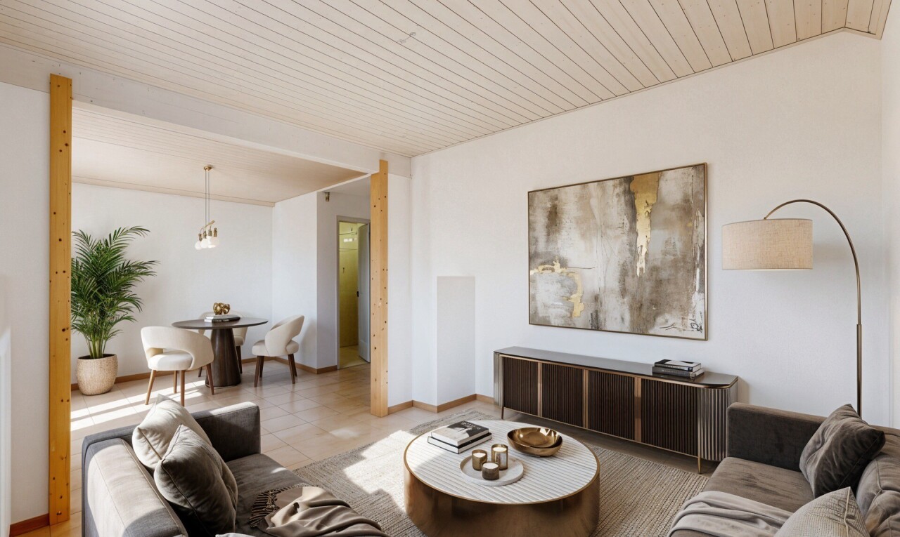 salon / salle à manger avec drywall, cloison sèche, inside property, virtually staged, et wood ceiling