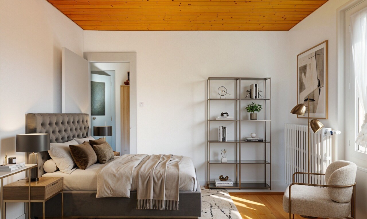 chambre avec plafond en bois, wood ceiling, radiateur, inside property, et cloison sèche