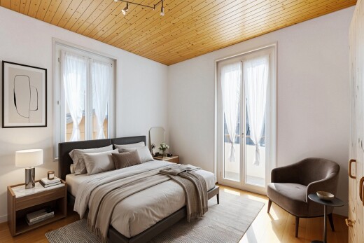 chambre avec plafond en bois, wood ceiling, inside property, cloison sèche, et drywall