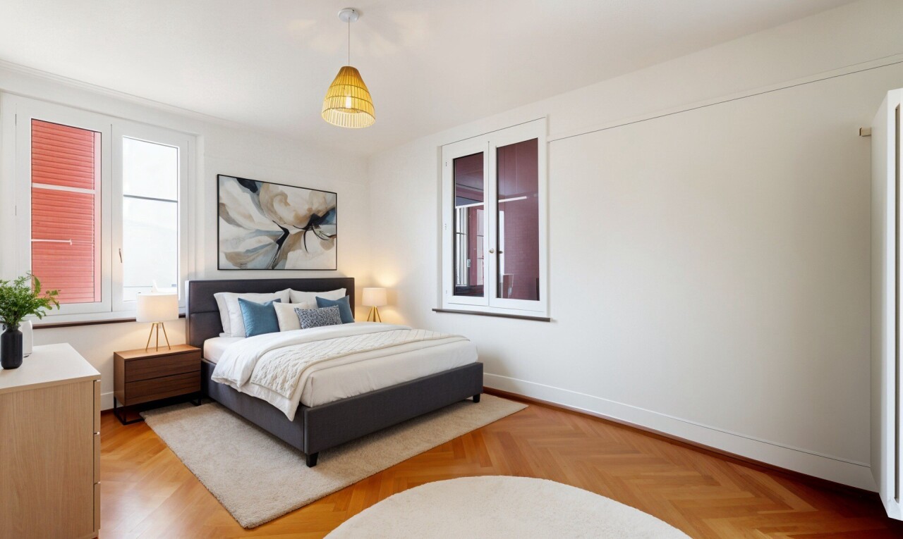 chambre avec sol en finition bois, wood finish floor, cloison sèche, drywall, et parquet floor