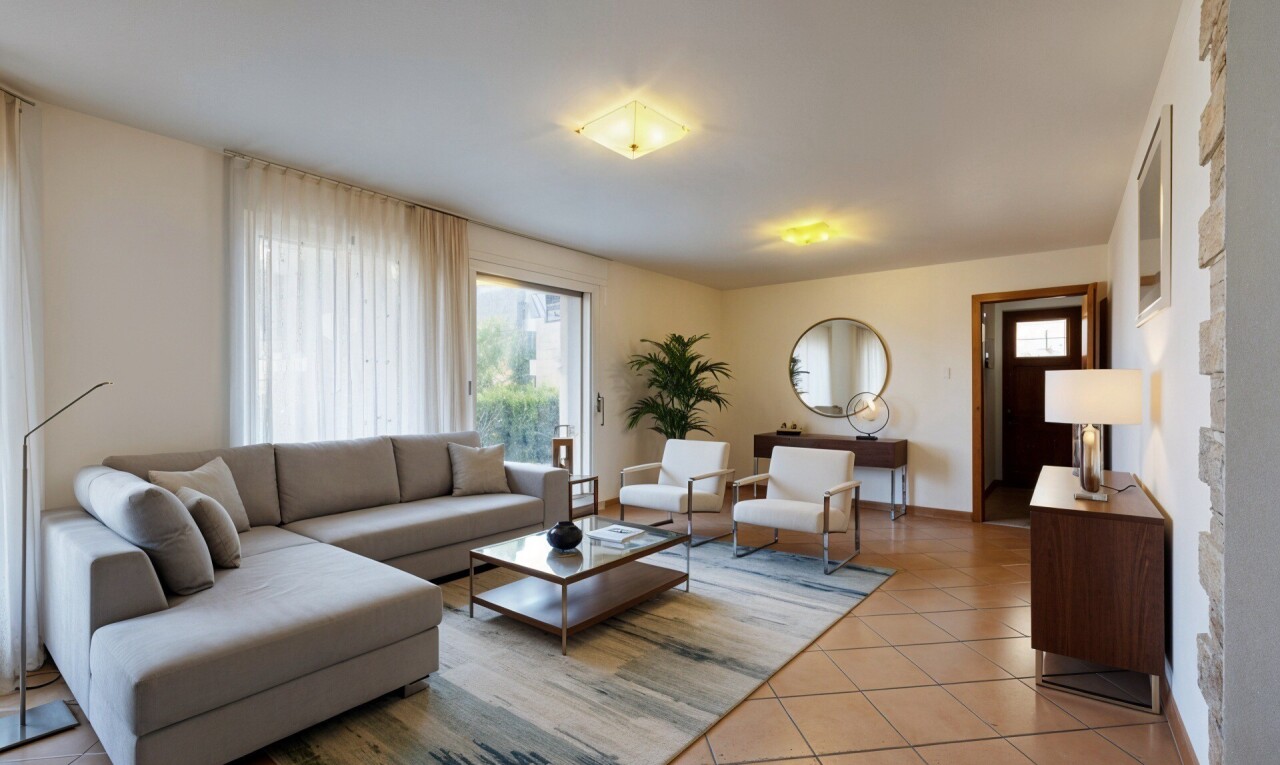 salon avec sol en carrelage, tile floor, cloison sèche, drywall, et inside property