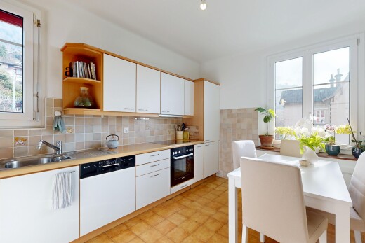 cuisine avec vinyl floor, sol en vinyle, light countertops, plans de travail, et vinyl tile