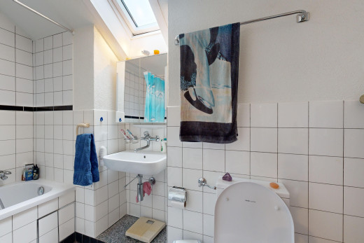 bad mit bad, toilette, dachfenster, und fliesenwand