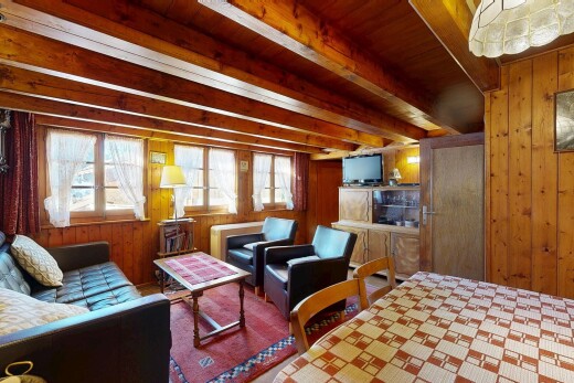 salon / salle à manger avec wood wall, mur en bois, inside property, télévision, et natural light