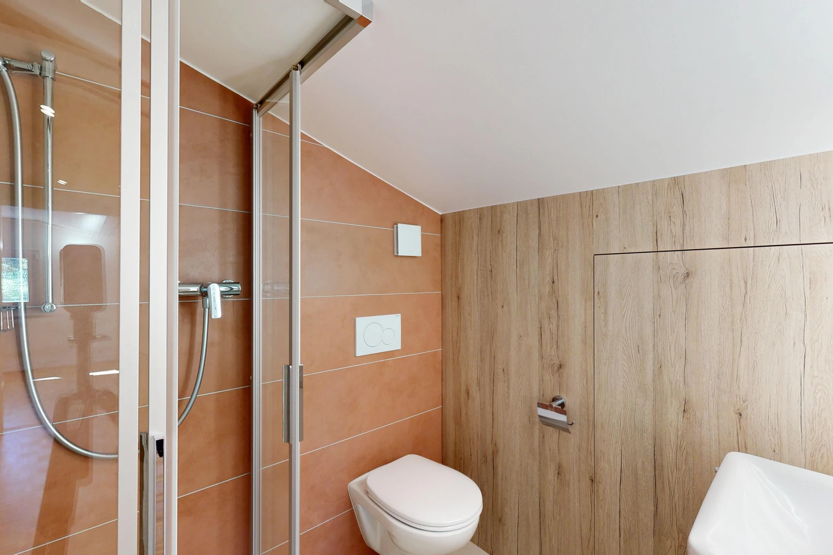 salle de bains avec douche, vaulted ceiling, plafond voûté, salle de bain complète, et inside property