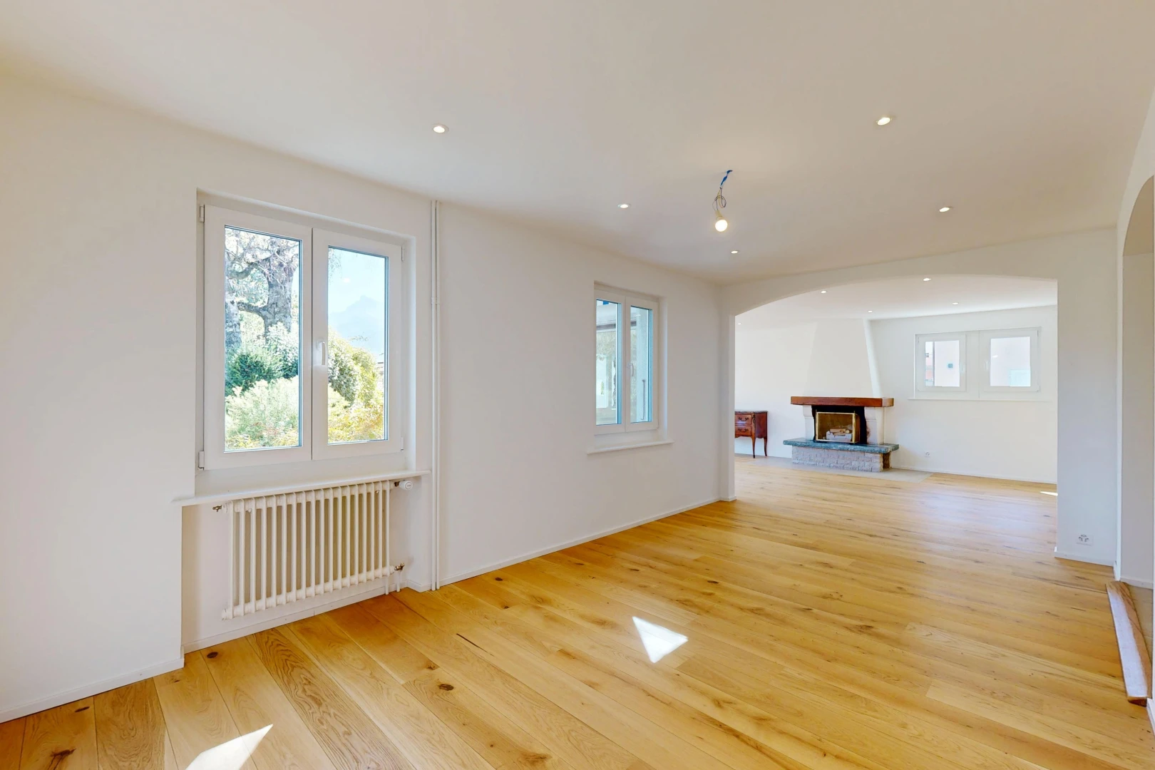 pièce vide avec wood finish floor, sol en finition bois, drywall, cloison sèche, et cheminée