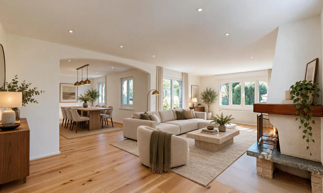 pièce vide avec passages en arc, wood finish floor, sol en finition bois, accès à l'extérieur, et drywall