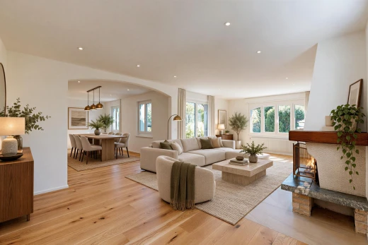 pièce vide avec passages en arc, wood finish floor, sol en finition bois, accès à l'extérieur, et drywall