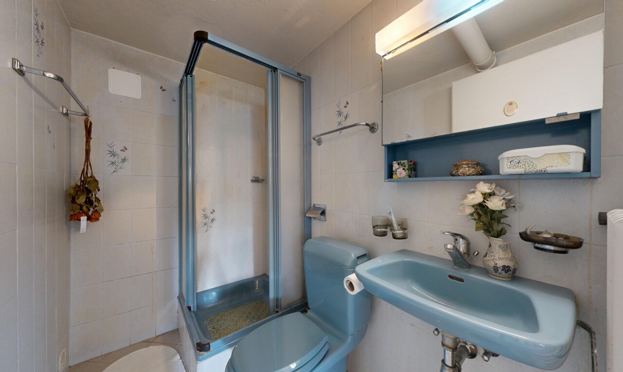 salle de bains avec toilette, douche, miroir, mur en carrelage, et tile wall