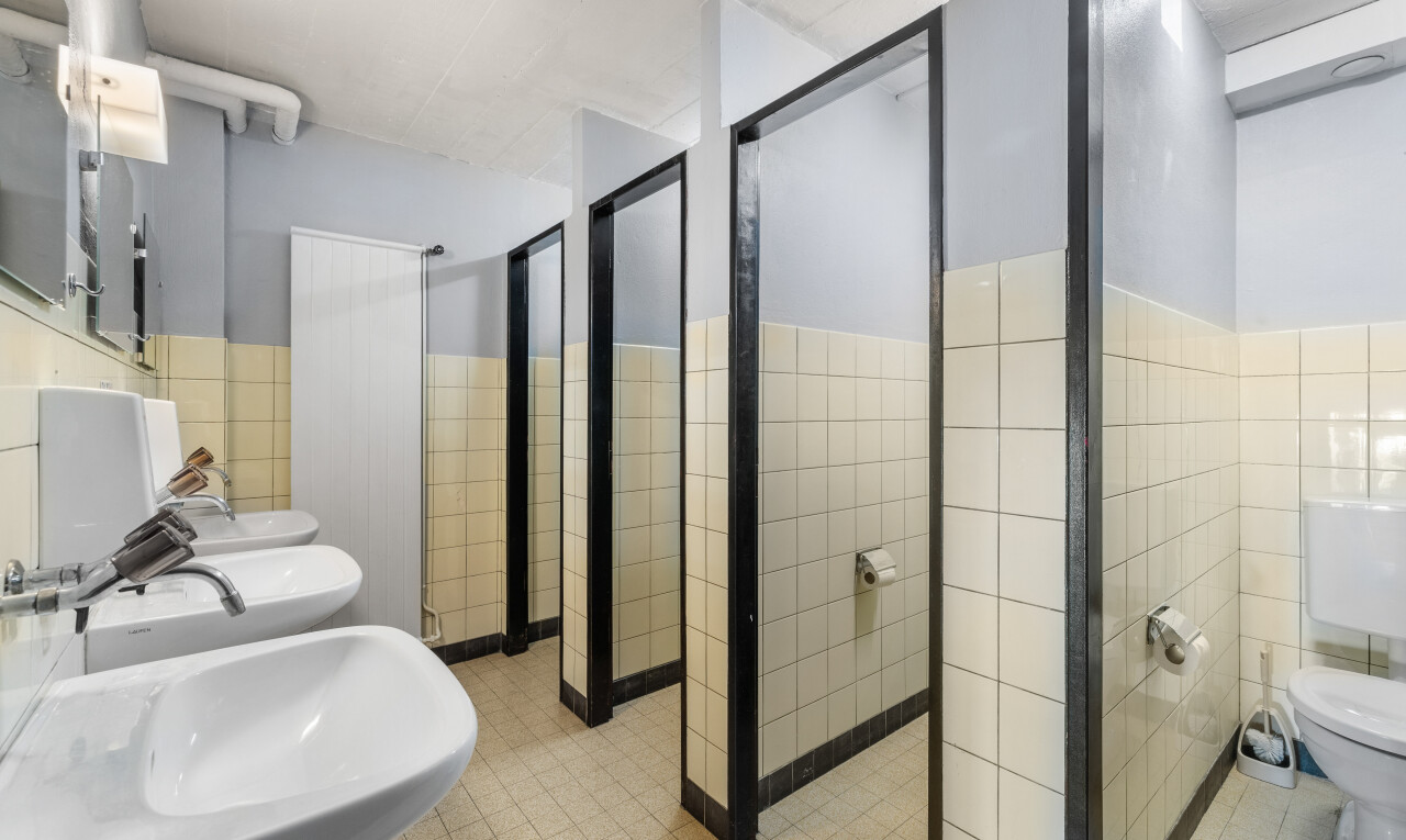 salle de bains avec toilette, mur en carrelage, miroir, et cloison sèche