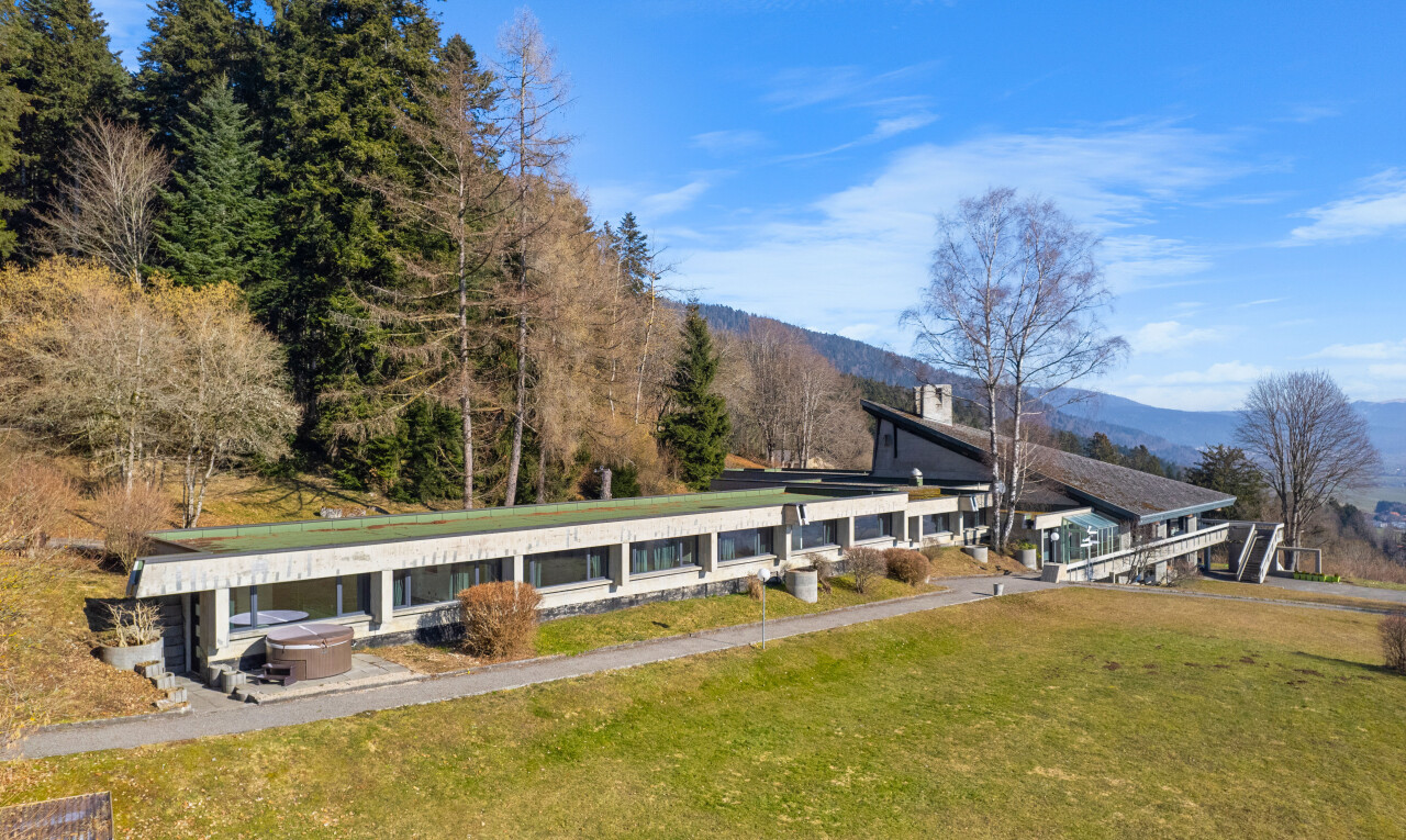 façade avec bain à remous, vue sur la montagne, pelouse, et cheminée