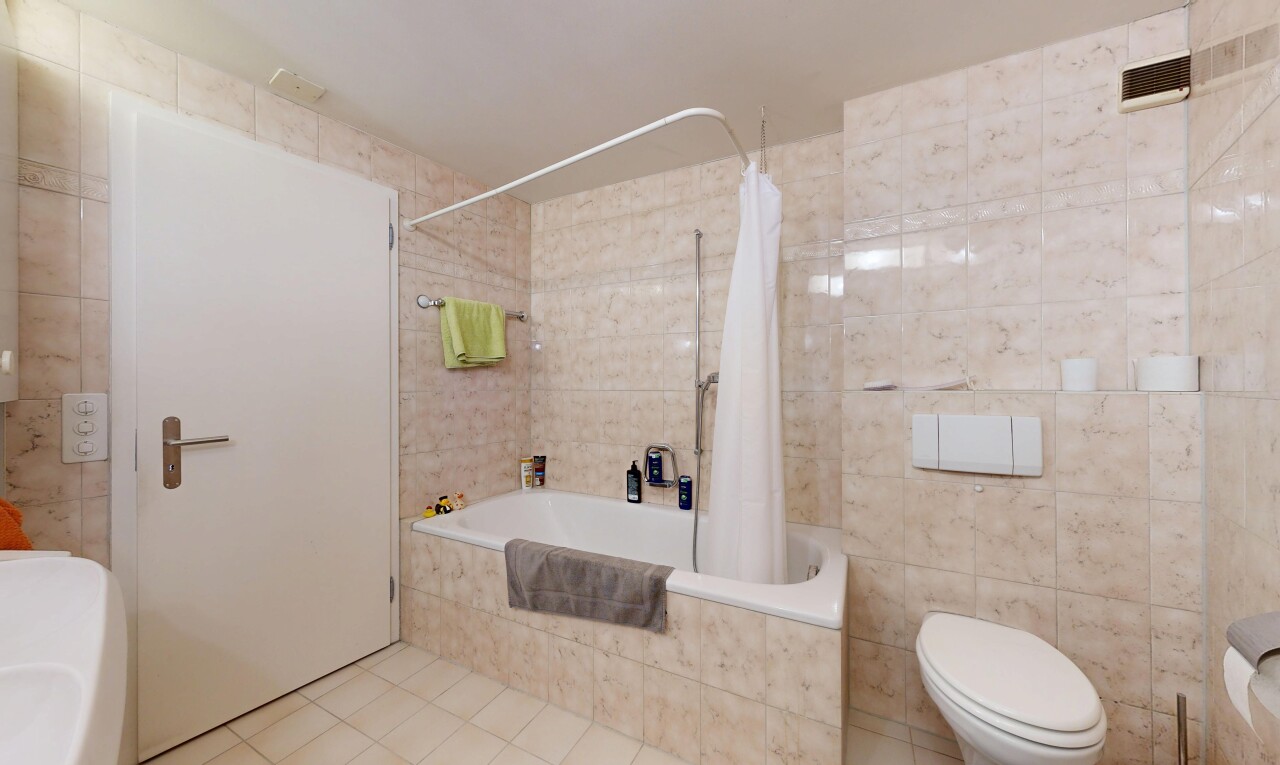 bad mit kombiniertes bad / dusche, tile wall, fliesenwand, komplettes badezimmer, und toilette