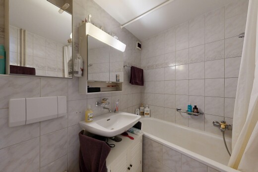 bad mit tile wall, fliesenwand, komplettes badezimmer, spiegel, und waschbecken