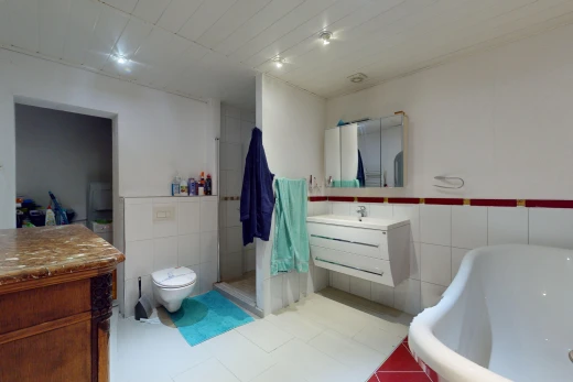 bad mit toilette, schminktisch, spiegel, und fliesenwand