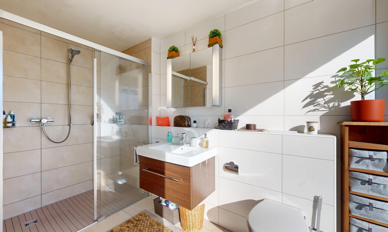 salle de bains avec lavabo (ou coiffeuse selon le contexte), miroir, salle de bain complète, douche, et inside property