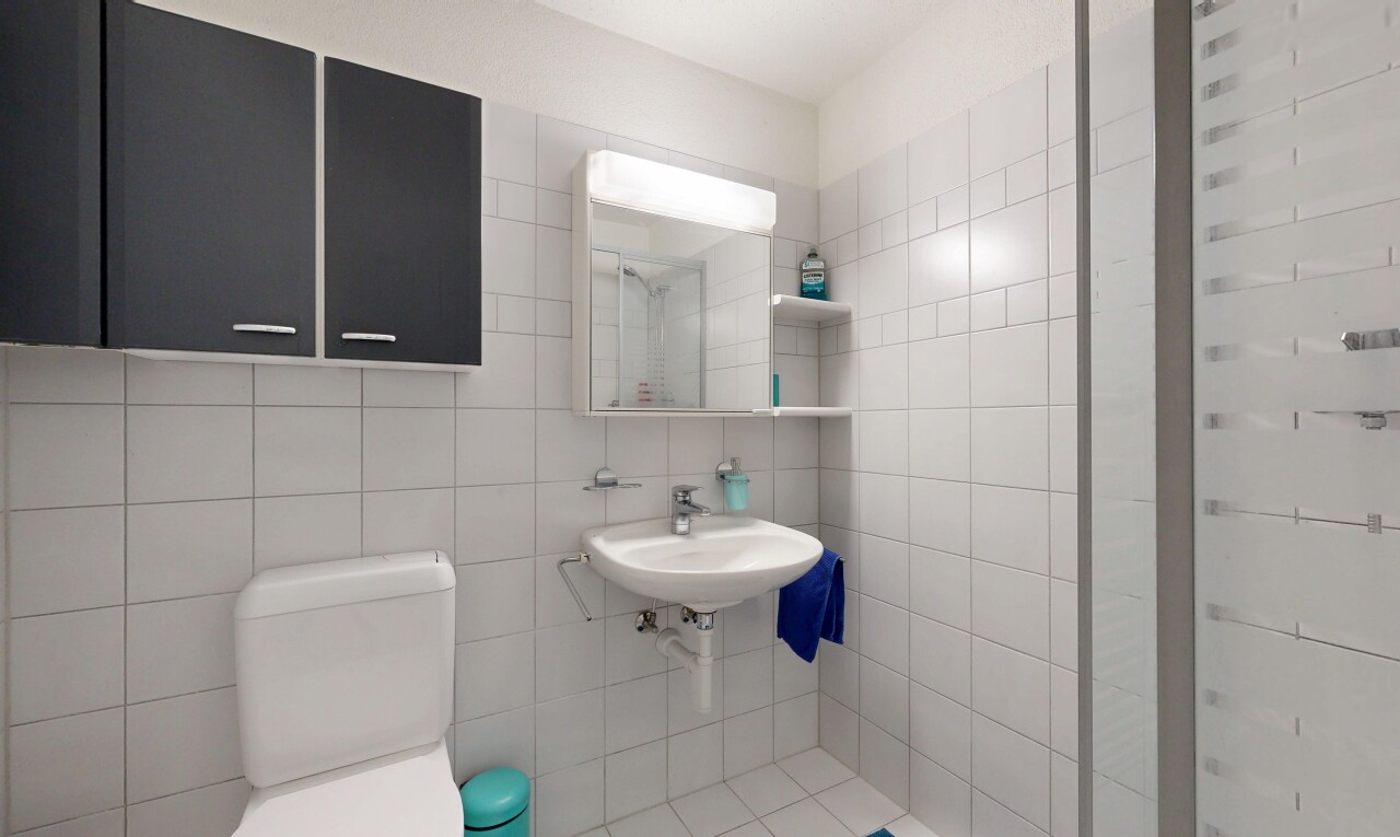 bad mit fliesenwand, tile wall, spiegel, toilette, und inside property