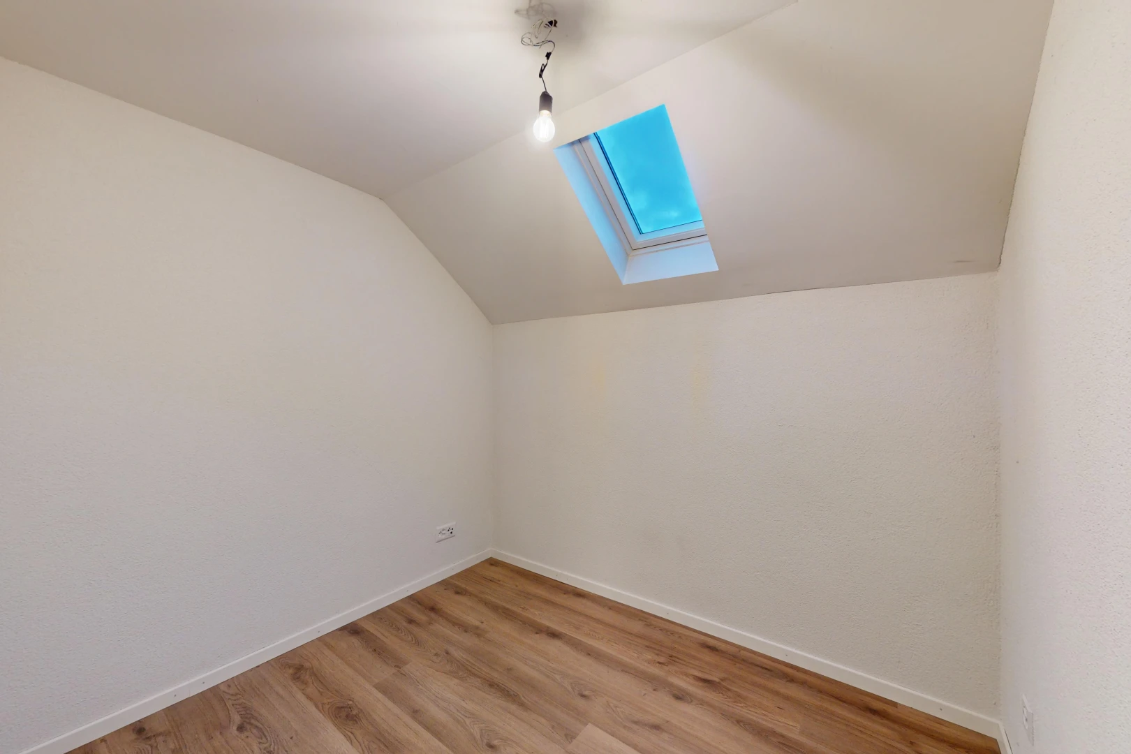 pièce vide avec lumière naturelle, plancher de bois, lucarne, et plafond voûté