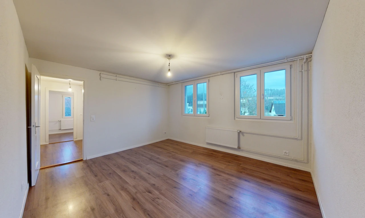 pièce vide avec plancher de bois, radiateur, et lumière naturelle