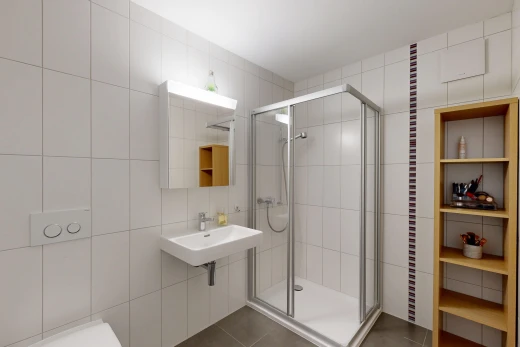 salle de bains avec miroir, salle de bain complète, tile wall, mur en carrelage, et douche