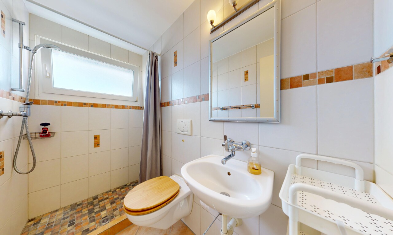 bad mit dusche, toilette, spiegel, komplettes badezimmer, und inside property
