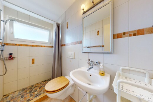 bad mit dusche, toilette, spiegel, komplettes badezimmer, und inside property