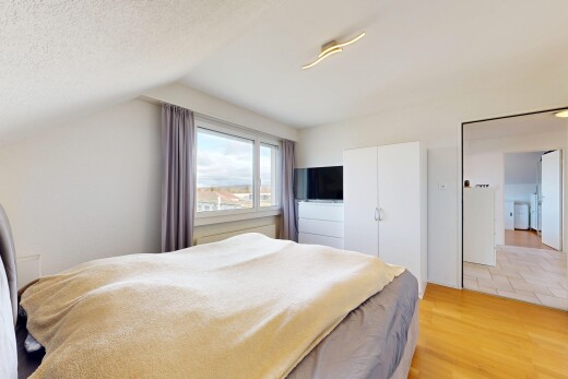 chambre avec sol en finition bois, wood finish floor, télévision, placard, et inside property