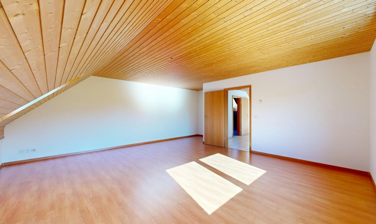 leerer raum mit holzdecke, wood ceiling, gipskartonwand, drywall, und holzfußboden