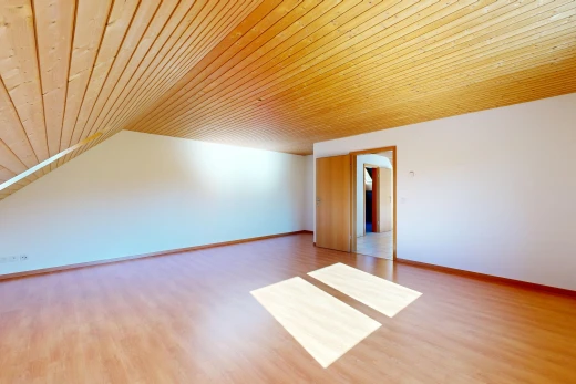 leerer raum mit holzdecke, wood ceiling, gipskartonwand, drywall, und holzfußboden