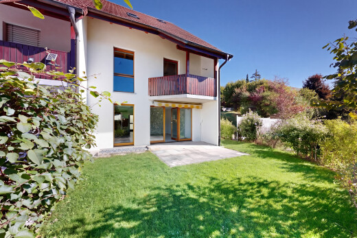 außenansicht mit balkon, property visible, rasen, terrasse, und from property