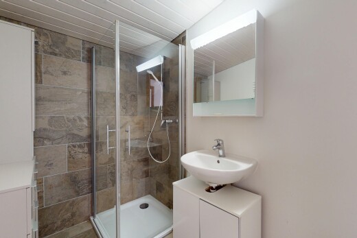 salle de bains avec miroir, lavabo (ou coiffeuse selon le contexte), douche, salle de bain complète, et inside property