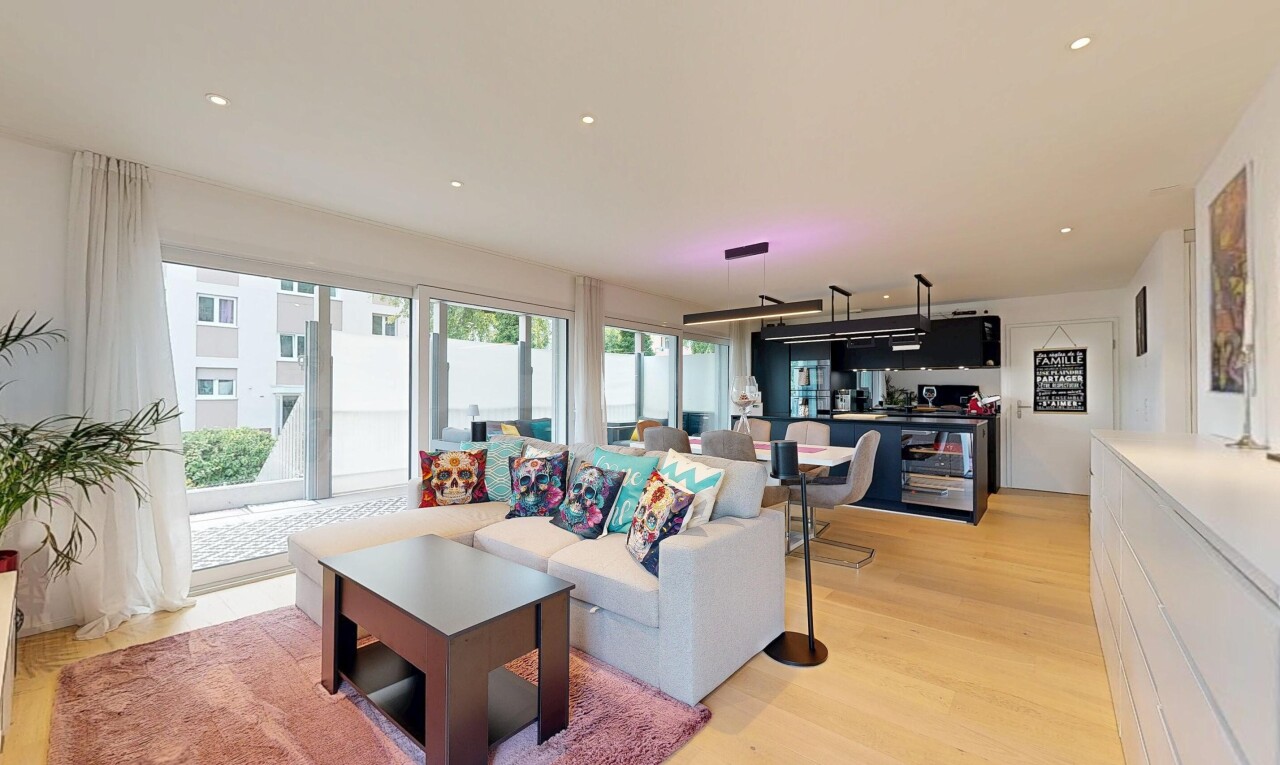 living / dining area with recessed lighting and light wood-style floors