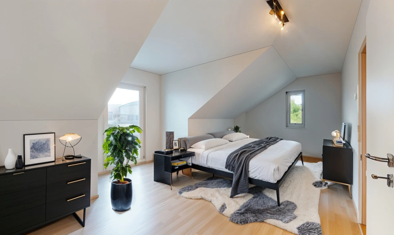 zimmer / schlafzimmer mit natürliches licht, niedrige decke, parkettboden, und dachschräge