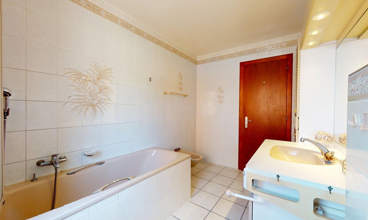 salle de bains avec sol en carrelage, évier, salle de bain complète, lavabo (ou coiffeuse selon le contexte), et bain