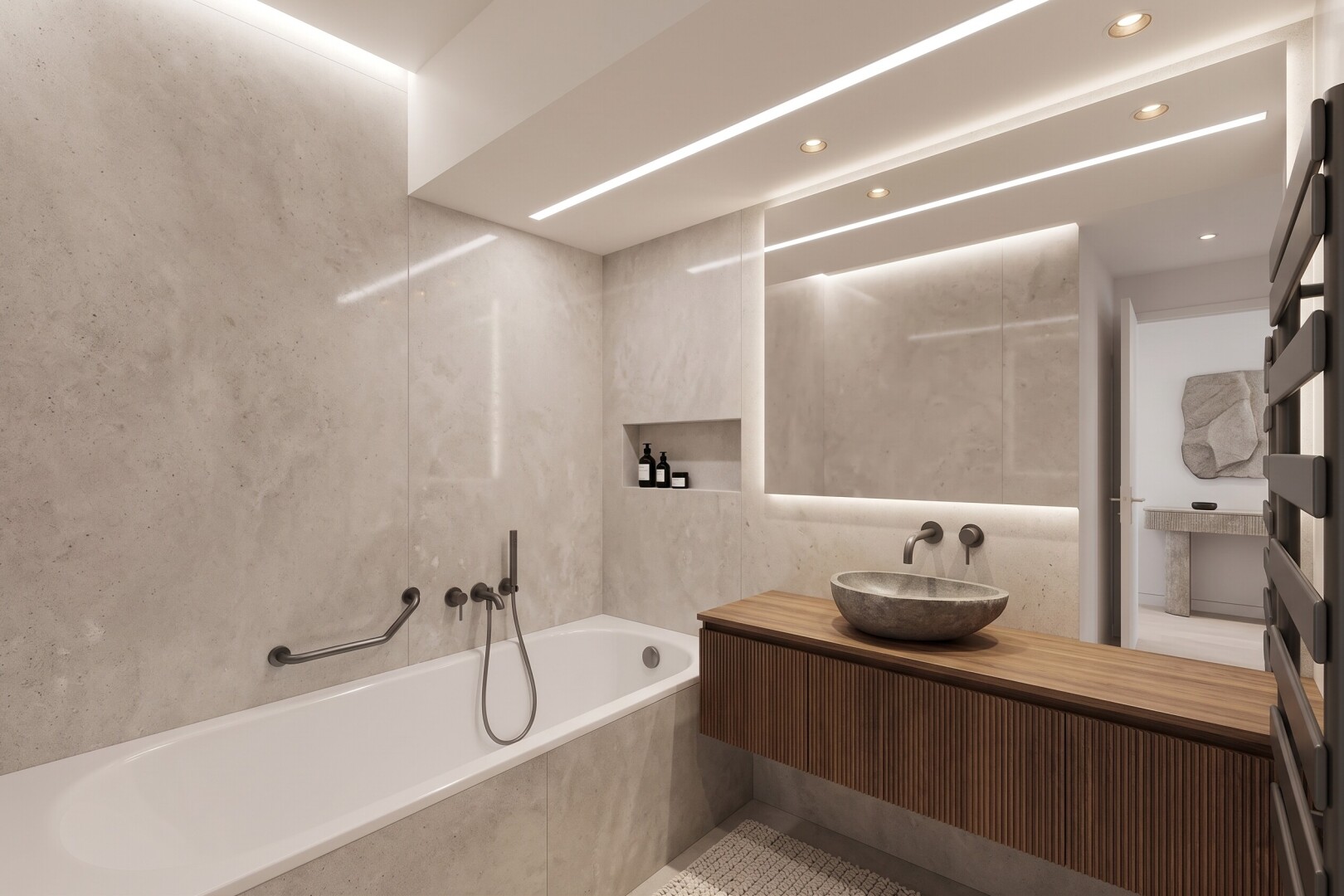 full bathroom featuring tile walls, a garden tub, vanity, and recessed lighting