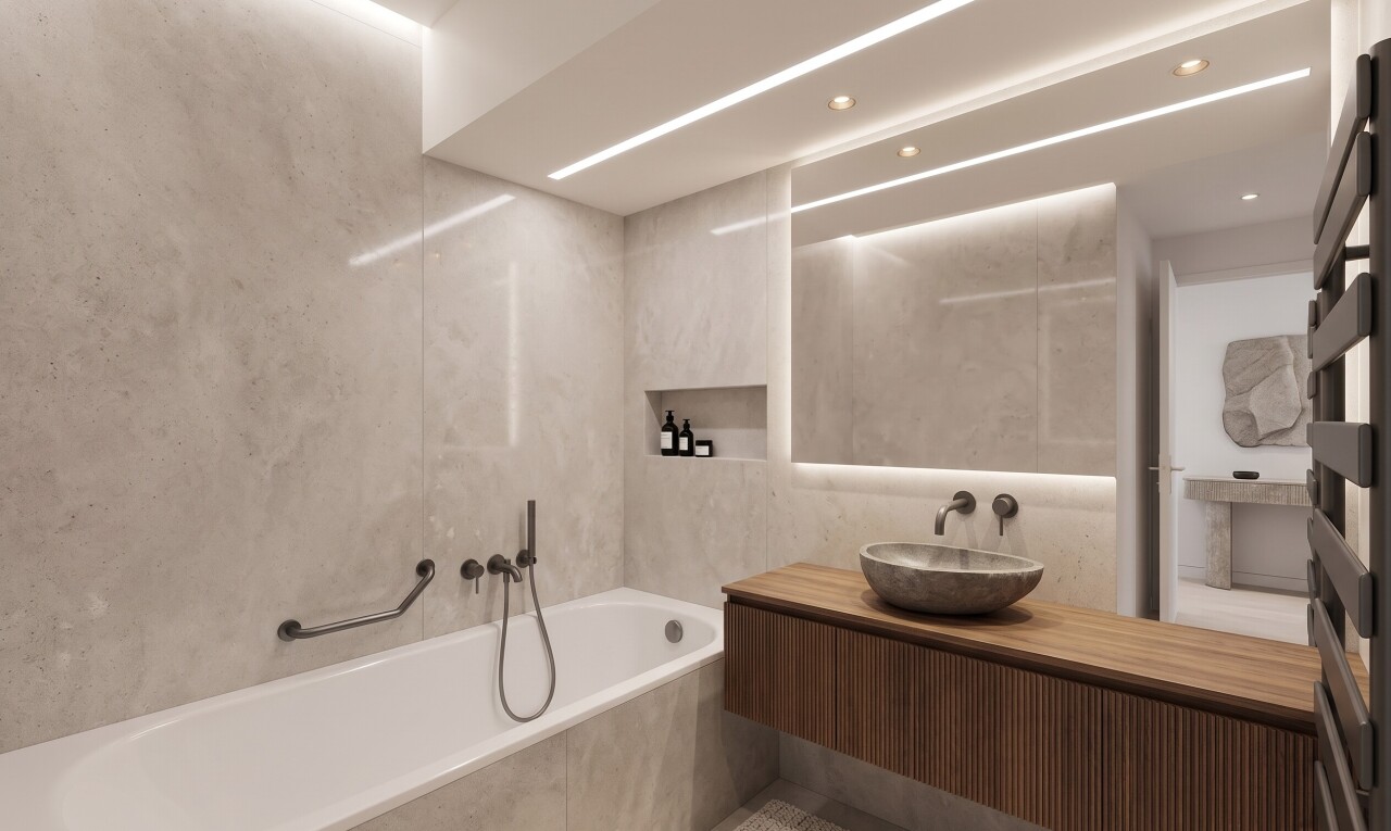 full bathroom featuring tile walls, a garden tub, vanity, and recessed lighting