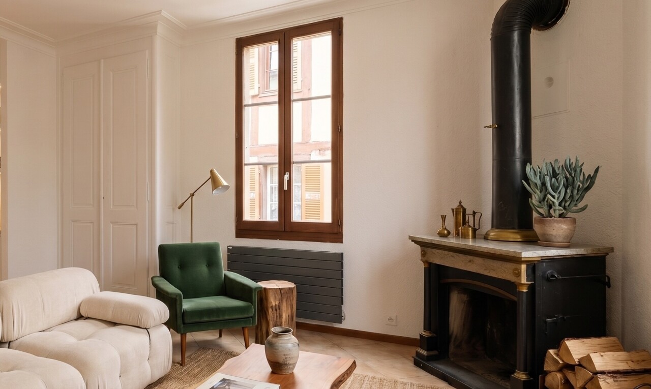 unfurnished room featuring radiator heating unit and a wood stove