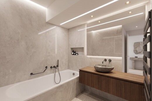 full bathroom featuring tile walls, a garden tub, vanity, and recessed lighting