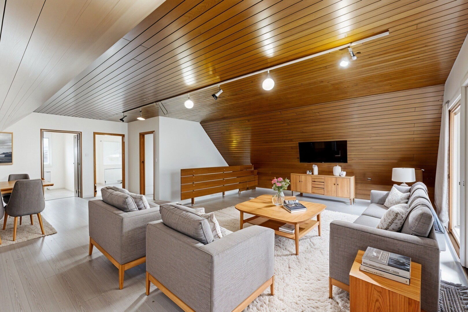 pièce vide avec plancher de bois, plafond de bois, éclairage sur rail, et lumière naturelle