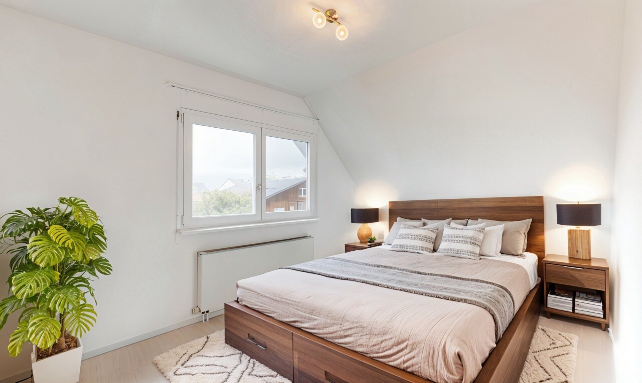 pièce vide avec plancher de bois, lumière naturelle, radiateur, plafond voûté, et plafond bas