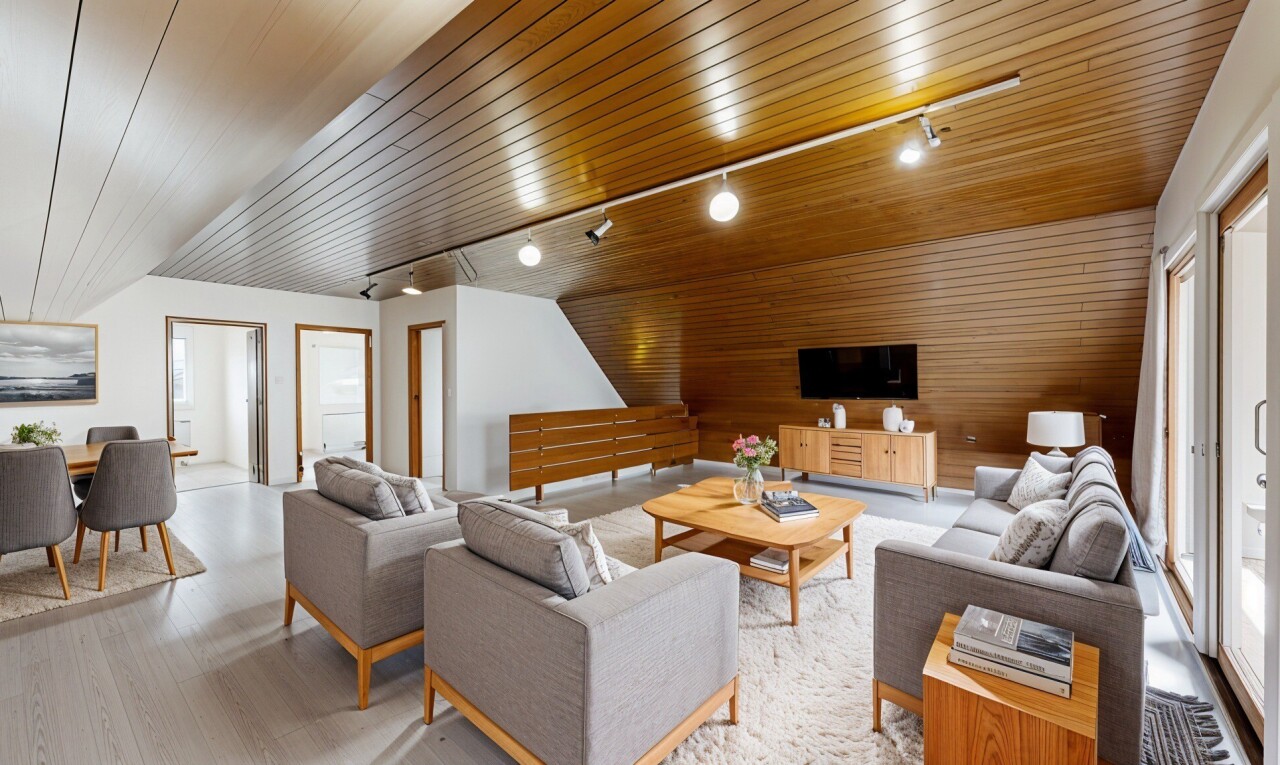 pièce vide avec plancher de bois, plafond de bois, éclairage sur rail, et lumière naturelle