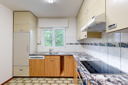 cuisine avec crédence, cuisinière, lumière naturelle, vasque, et hotte