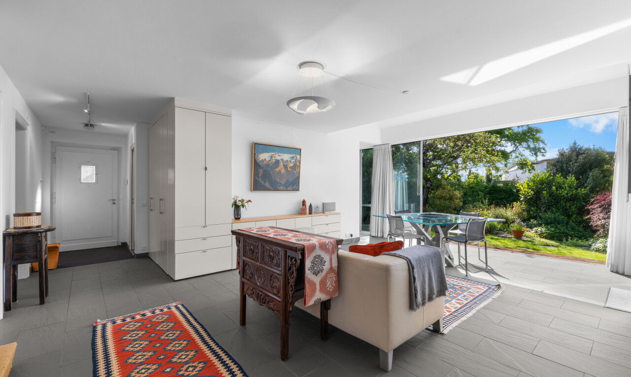 living room with a skylight