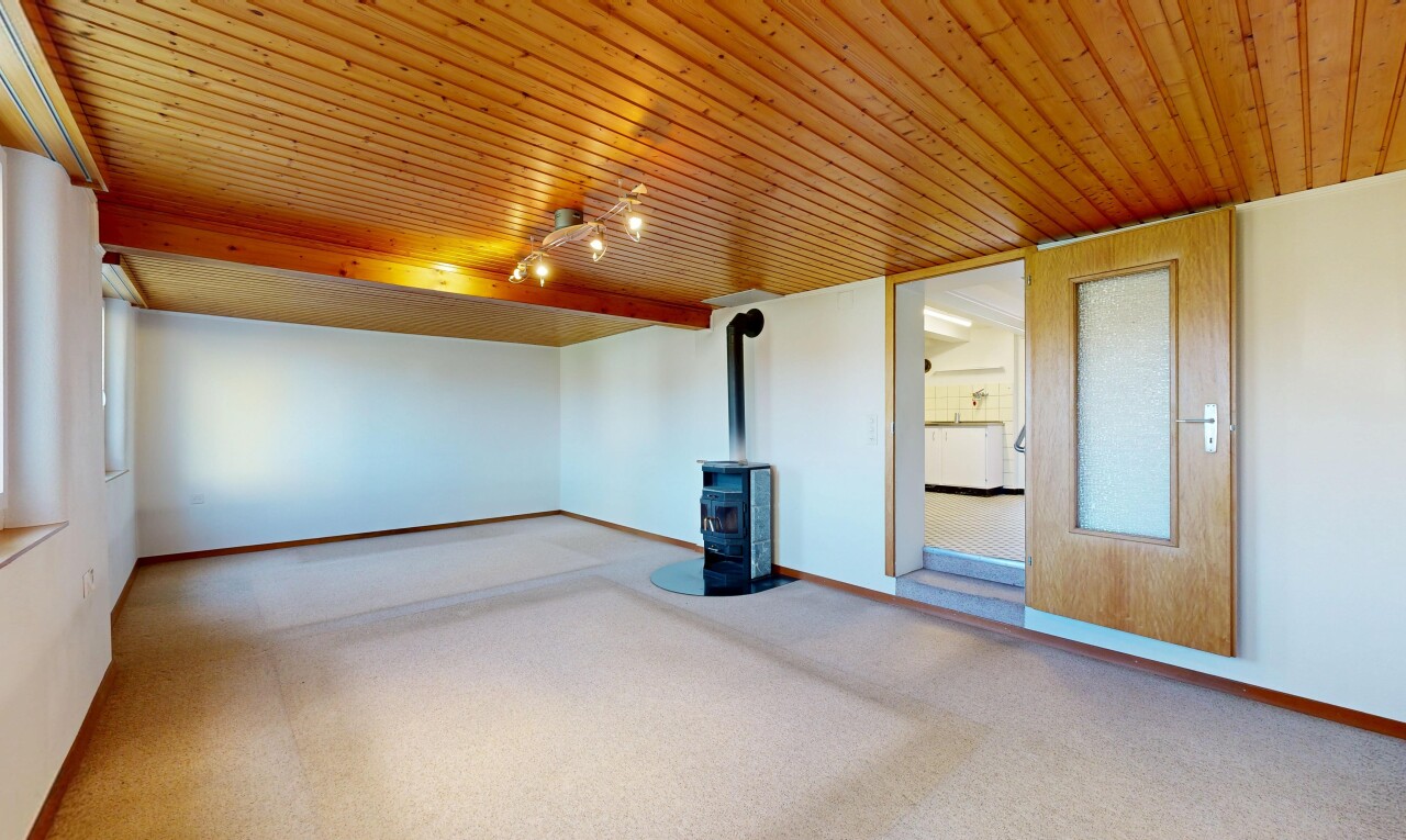 empty room with a wood stove, carpet flooring, and wood ceiling