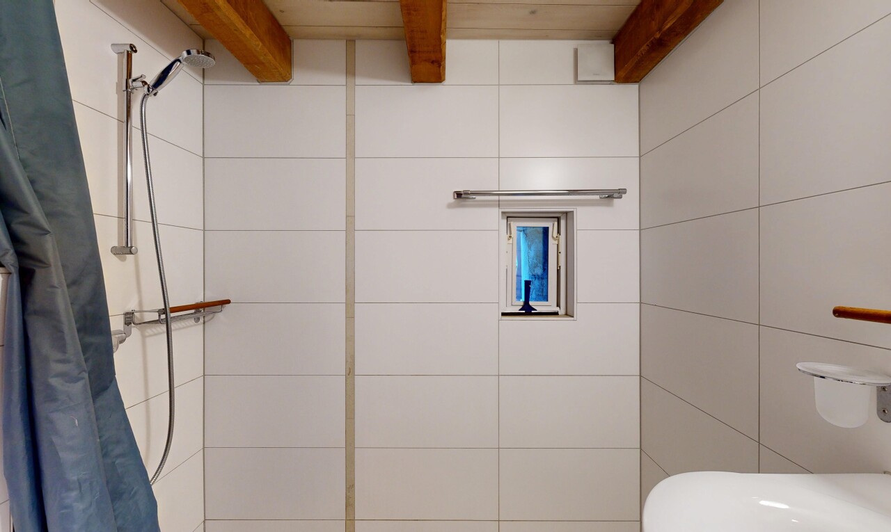 salle de bains avec salle de bain complète, douche, inside property, plafond à poutres, et beamed ceiling
